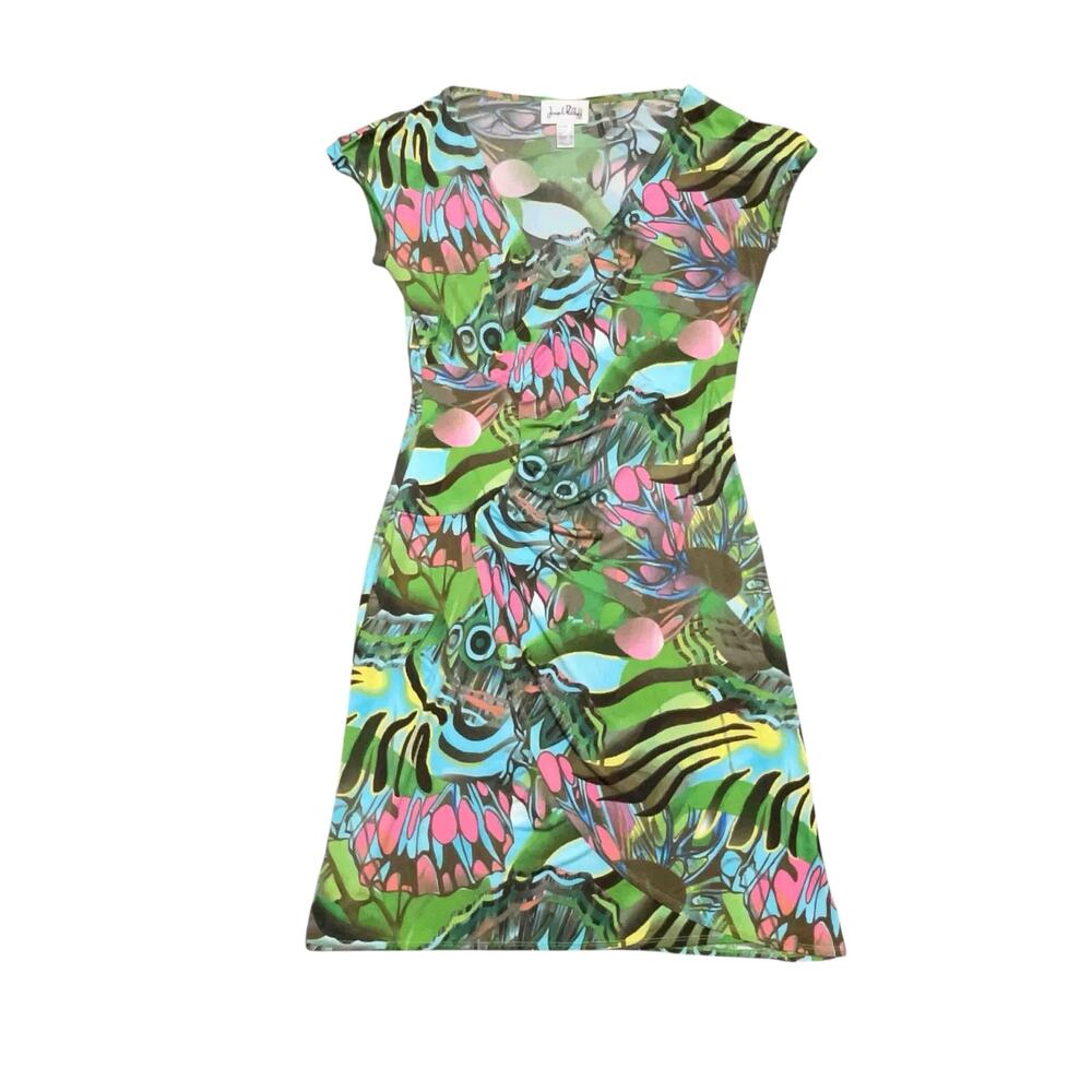 Joseph Ribkoff Maximalist Wrap Sheath Dress 10 Green Pink Leopard Casual Artsy